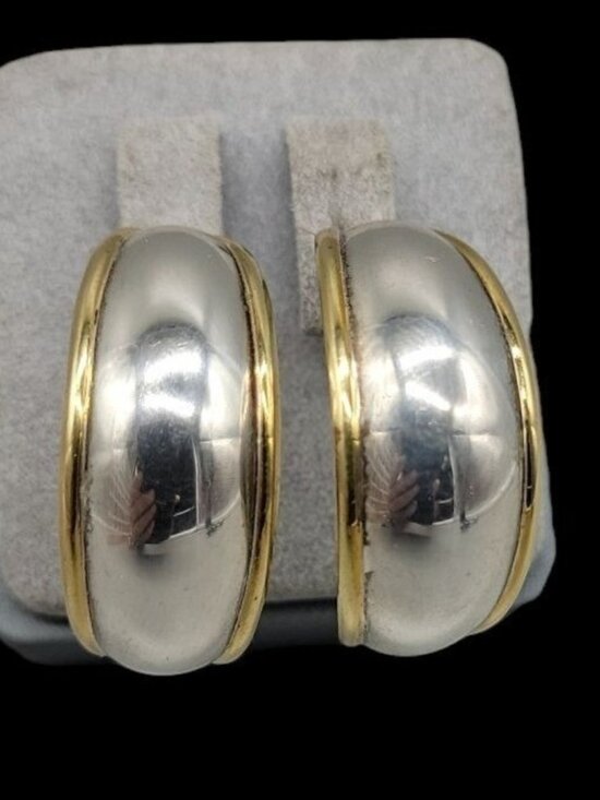 TB 107 Mexico Jewelry - TB 107 Sterling Silver Post Earrings Chunky Half Hoop Mexico Gold Outline
